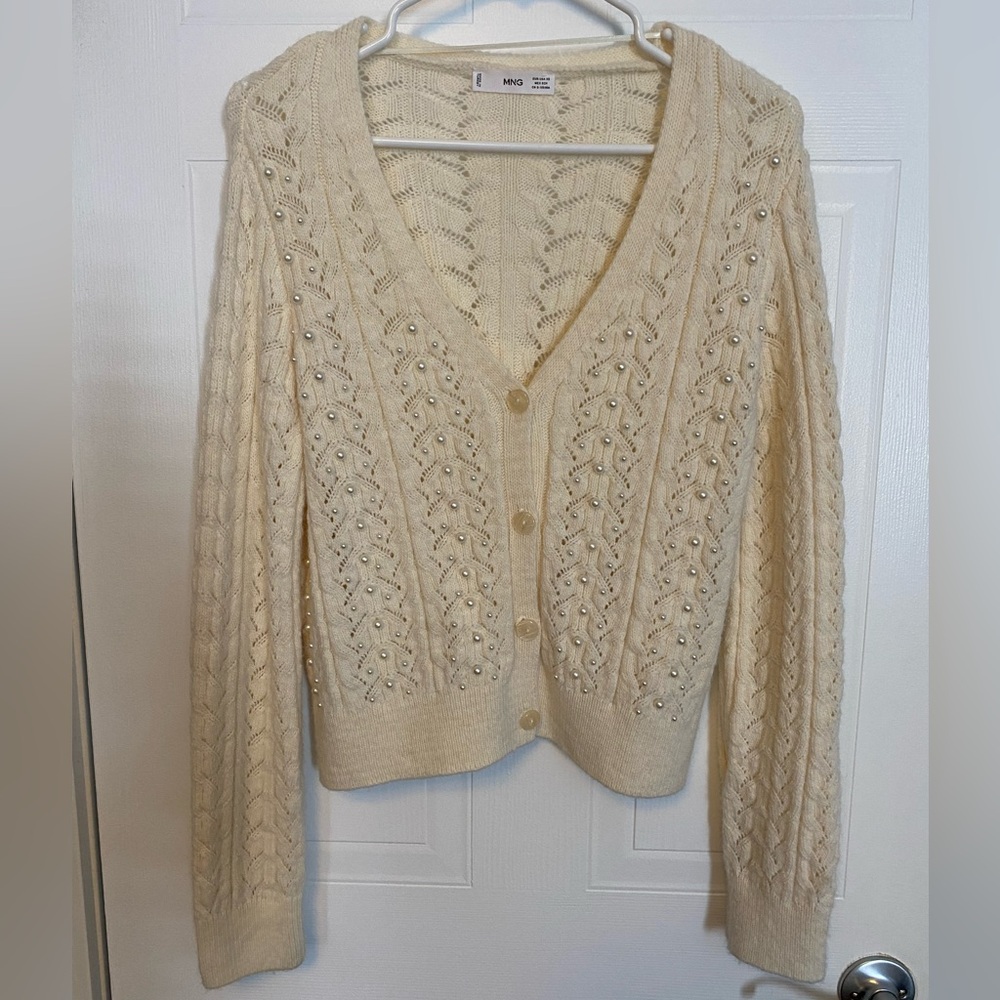 Cream Mango pearl knit cardigan